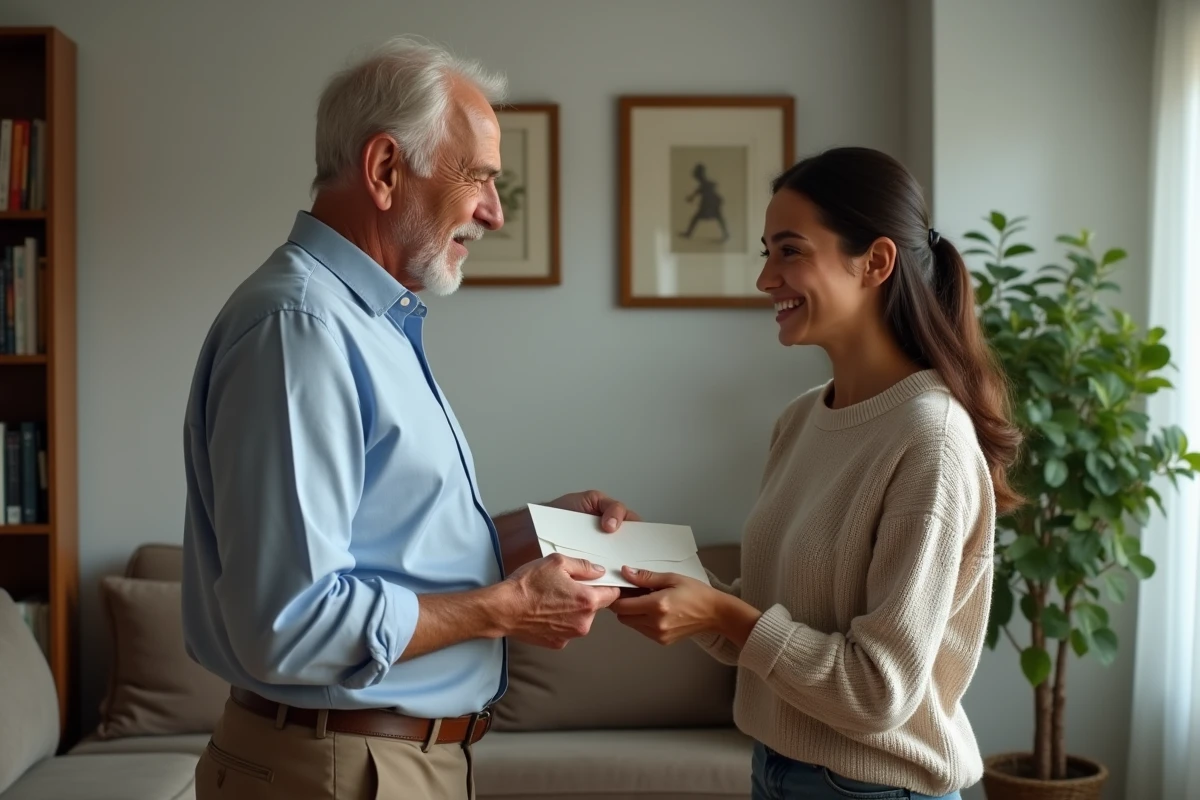 Homme donnant une enveloppe à une jeune femme dans le salon