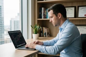 Homme concentré analysant des graphiques financiers dans un bureau