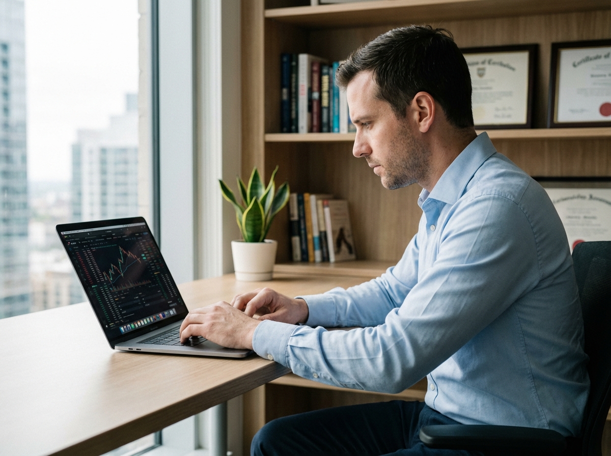 Homme concentré analysant des graphiques financiers dans un bureau
