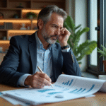 Homme d'âge moyen étudiant des documents financiers dans un intérieur moderne