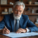 Homme d age en costume bleu dans un bureau élégant