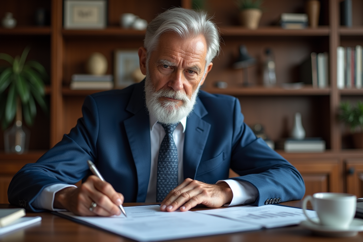 Homme d age en costume bleu dans un bureau élégant