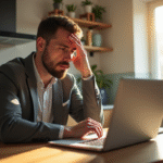 Homme inquiet devant son ordinateur avec erreur de retrait crypto