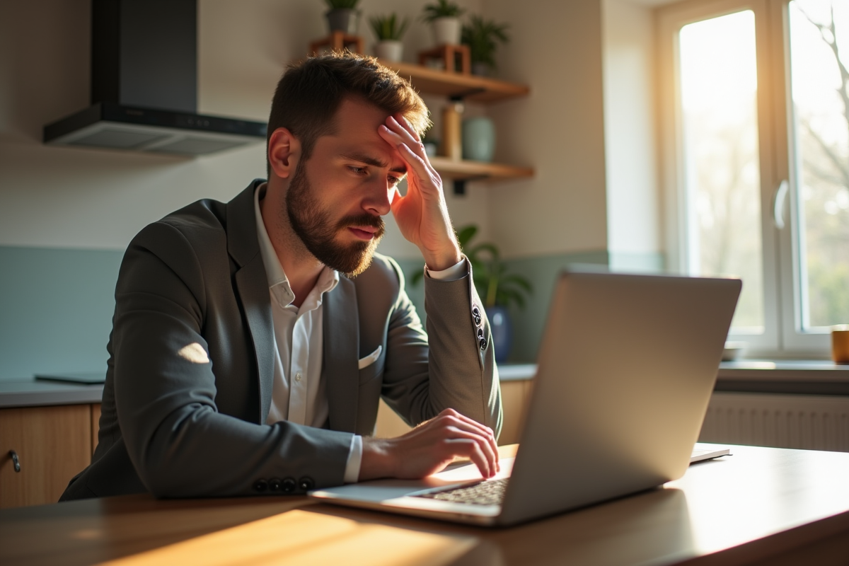 Homme inquiet devant son ordinateur avec erreur de retrait crypto