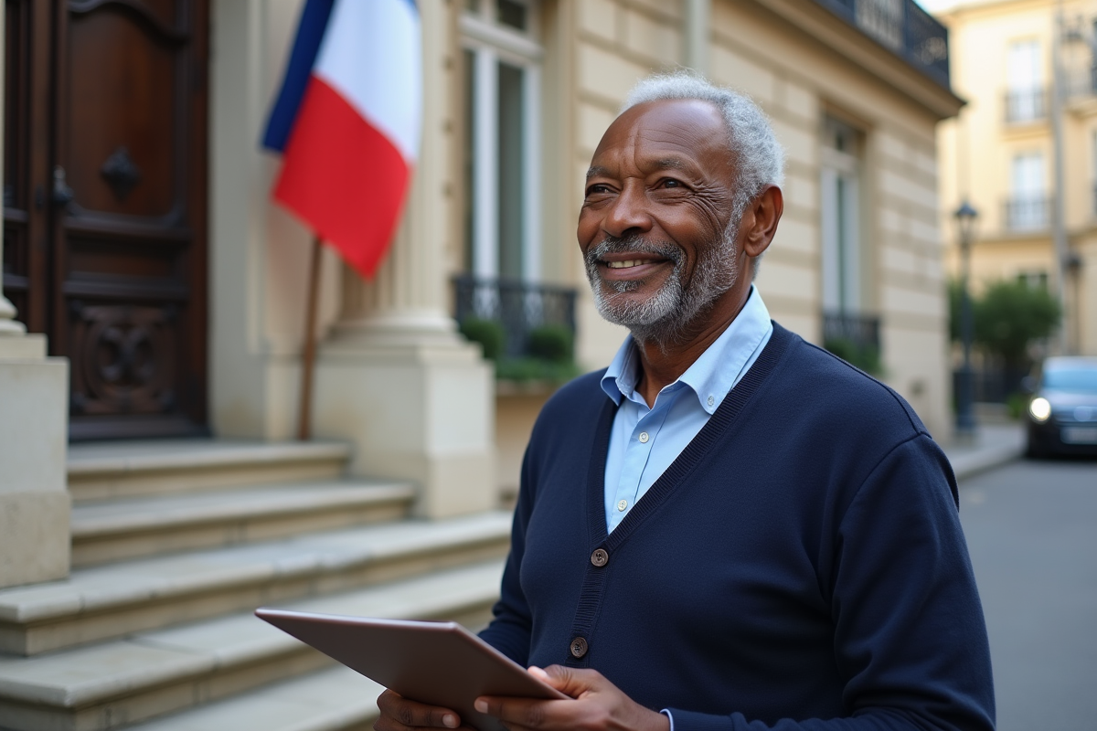 Homme âgé souriant devant une mairie en France