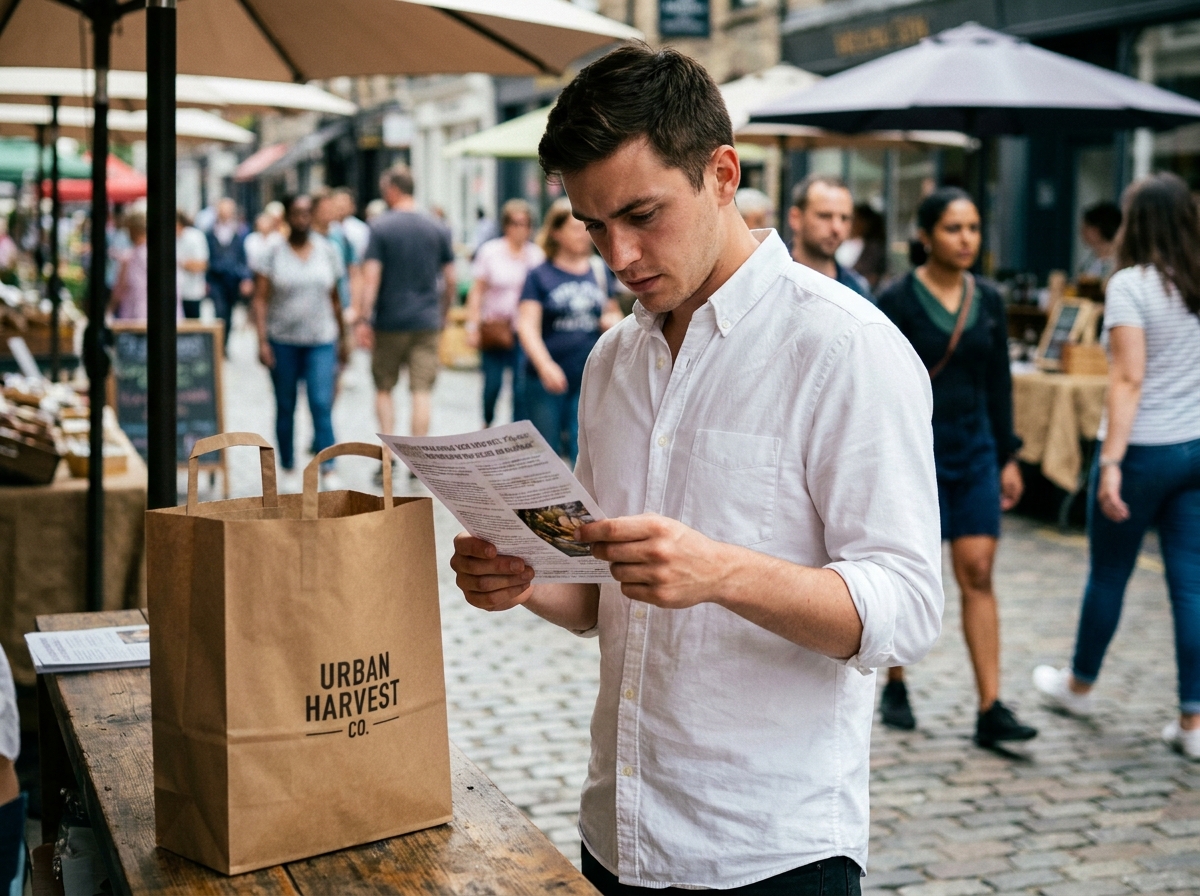 Homme examinant un flyer publicitaire devant un étal de marché avec un sachet logo en premier plan