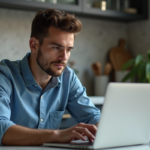 Homme concentré sur son ordinateur avec interface crypto