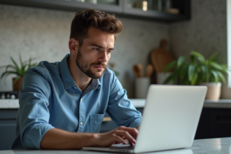 Homme concentré sur son ordinateur avec interface crypto
