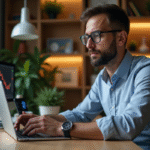 Homme pensif travaillant sur ordinateur avec graphiques crypto