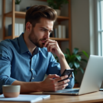 Jeune homme concentré avec ordinateur et smartphone crypto