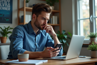 Jeune homme concentré avec ordinateur et smartphone crypto