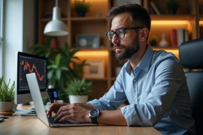 Homme pensif travaillant sur ordinateur avec graphiques crypto