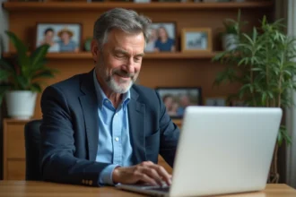 Homme d'âge moyen vérifiant son compte bancaire à domicile