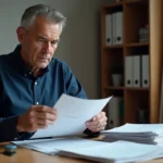 Homme d'âge moyen organisant ses papiers dans un bureau