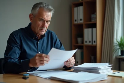 Homme d'âge moyen organisant ses papiers dans un bureau