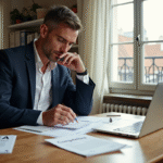 Homme d'âge moyen en blazer organise documents dans un appartement parisien