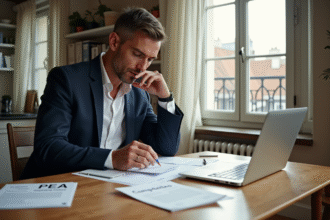Homme d'âge moyen en blazer organise documents dans un appartement parisien