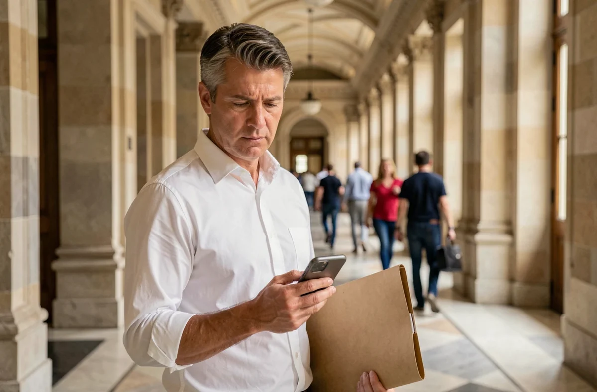 Homme dans un couloir de palais de justice consultant son téléphone lors d'une procédure collective Intrum 2026