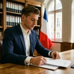 Portrait d'un jeune homme politique en costume bleu marine assis à un bureau parlementaire officiel, consultant des documents officiels