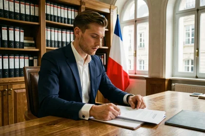Portrait d'un jeune homme politique en costume bleu marine assis à un bureau parlementaire officiel, consultant des documents officiels