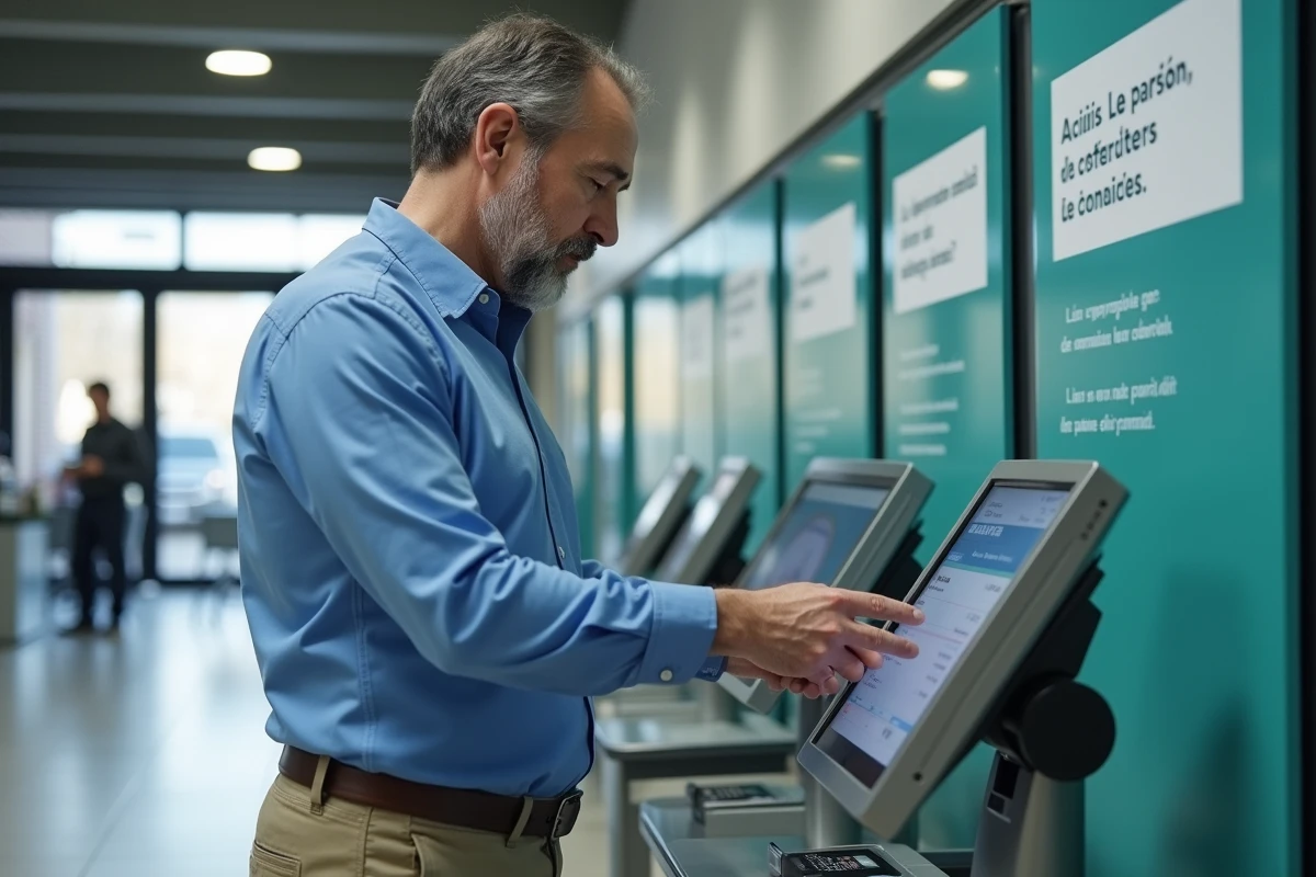 Homme utilisant un terminal en agence Pôle Emploi