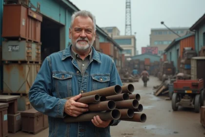 Homme d'âge moyen avec des raccords dans un yard de recyclage