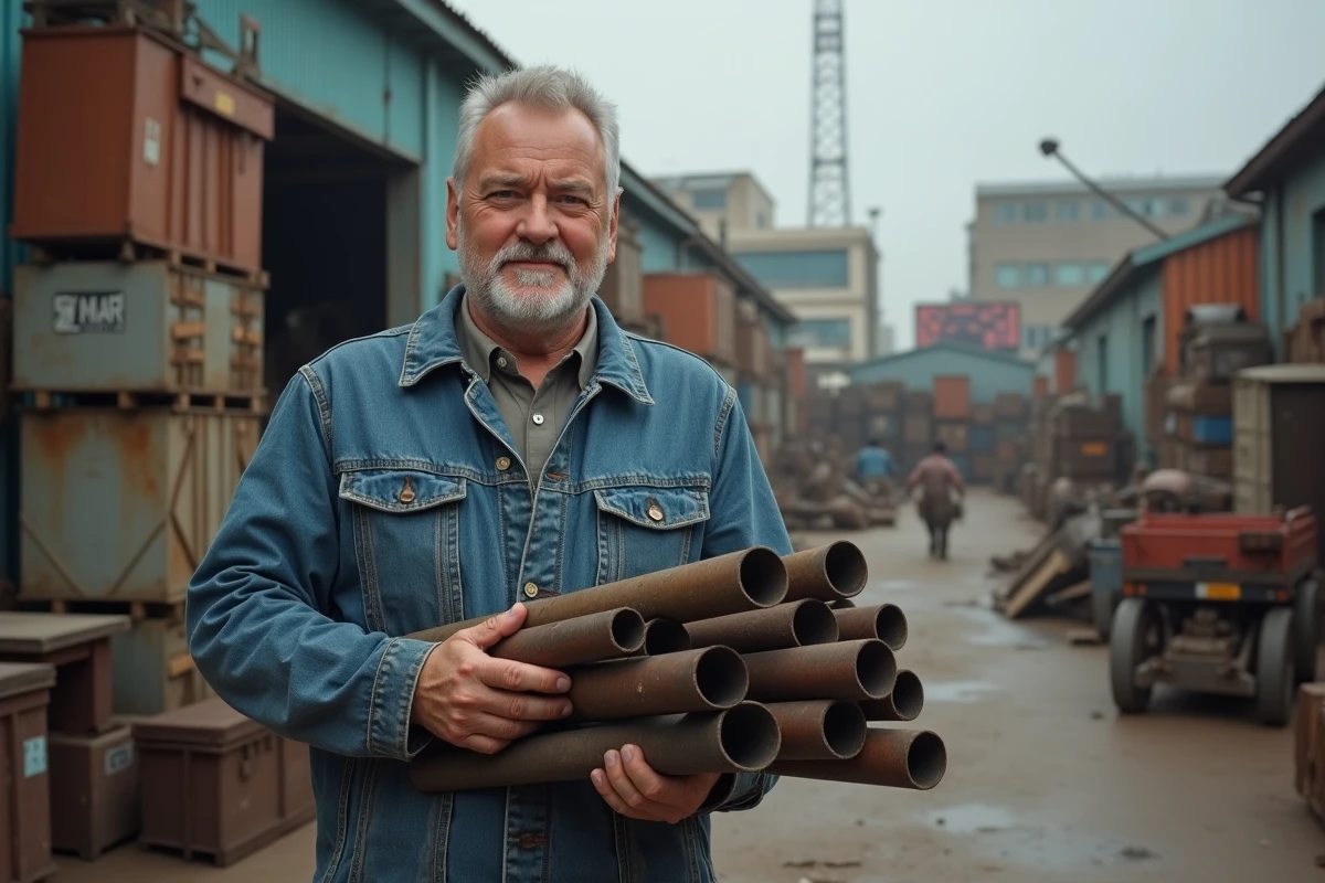 Homme d'âge moyen avec des raccords dans un yard de recyclage