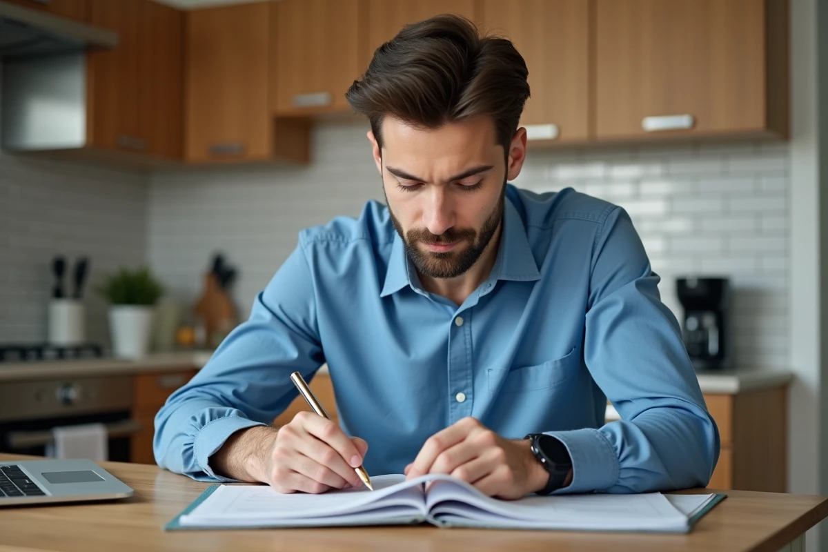 Jeune homme remplissant un chèque à la maison