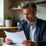 Homme sérieux en blazer bleu examine documents d'assurance