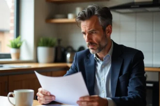 Homme sérieux en blazer bleu examine documents d'assurance