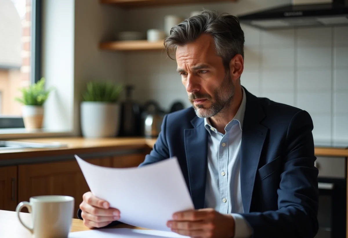 Homme sérieux en blazer bleu examine documents d'assurance