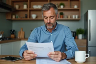 Homme d'âge moyen vérifiant un relevé bancaire à la maison