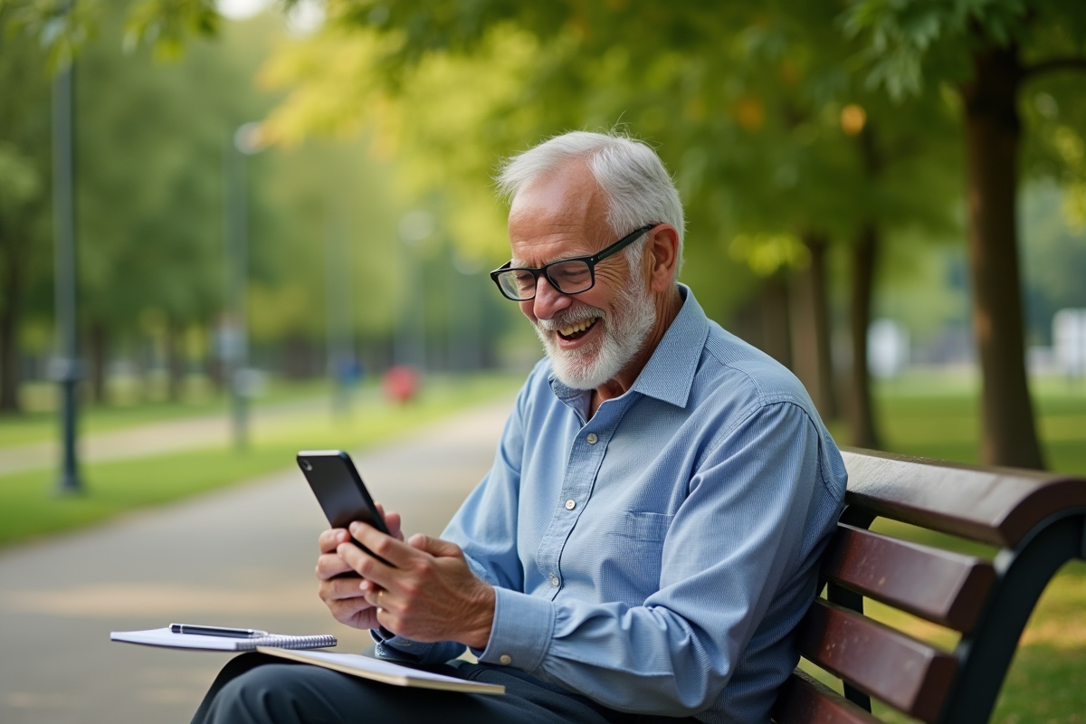 Homme senior souriant utilisant un smartphone dans un parc