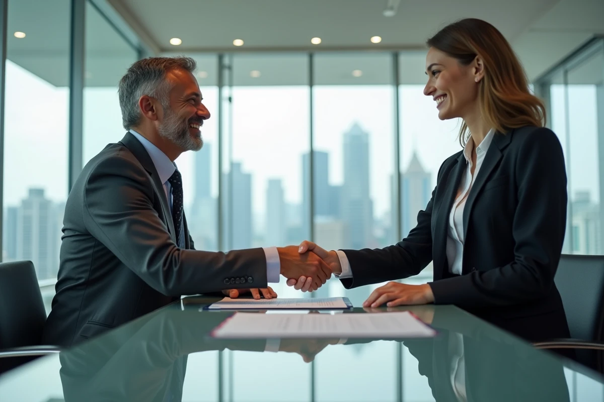 Homme daffaires souriant serre la main dune conseillère financière