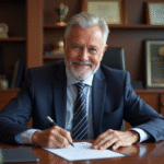 Homme d'âge mûr signant des documents de retraite dans un bureau élégant