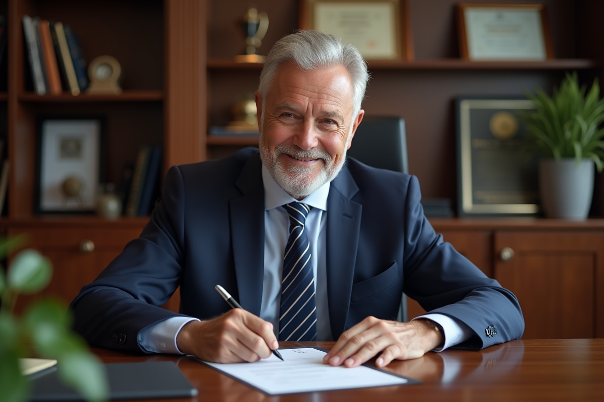 Homme d'âge mûr signant des documents de retraite dans un bureau élégant