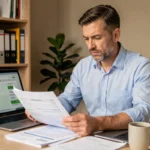 Homme consultant un simulateur d'impôt sur le revenu sur ordinateur portable avec des documents fiscaux sur son bureau