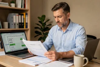 Homme consultant un simulateur d'impôt sur le revenu sur ordinateur portable avec des documents fiscaux sur son bureau