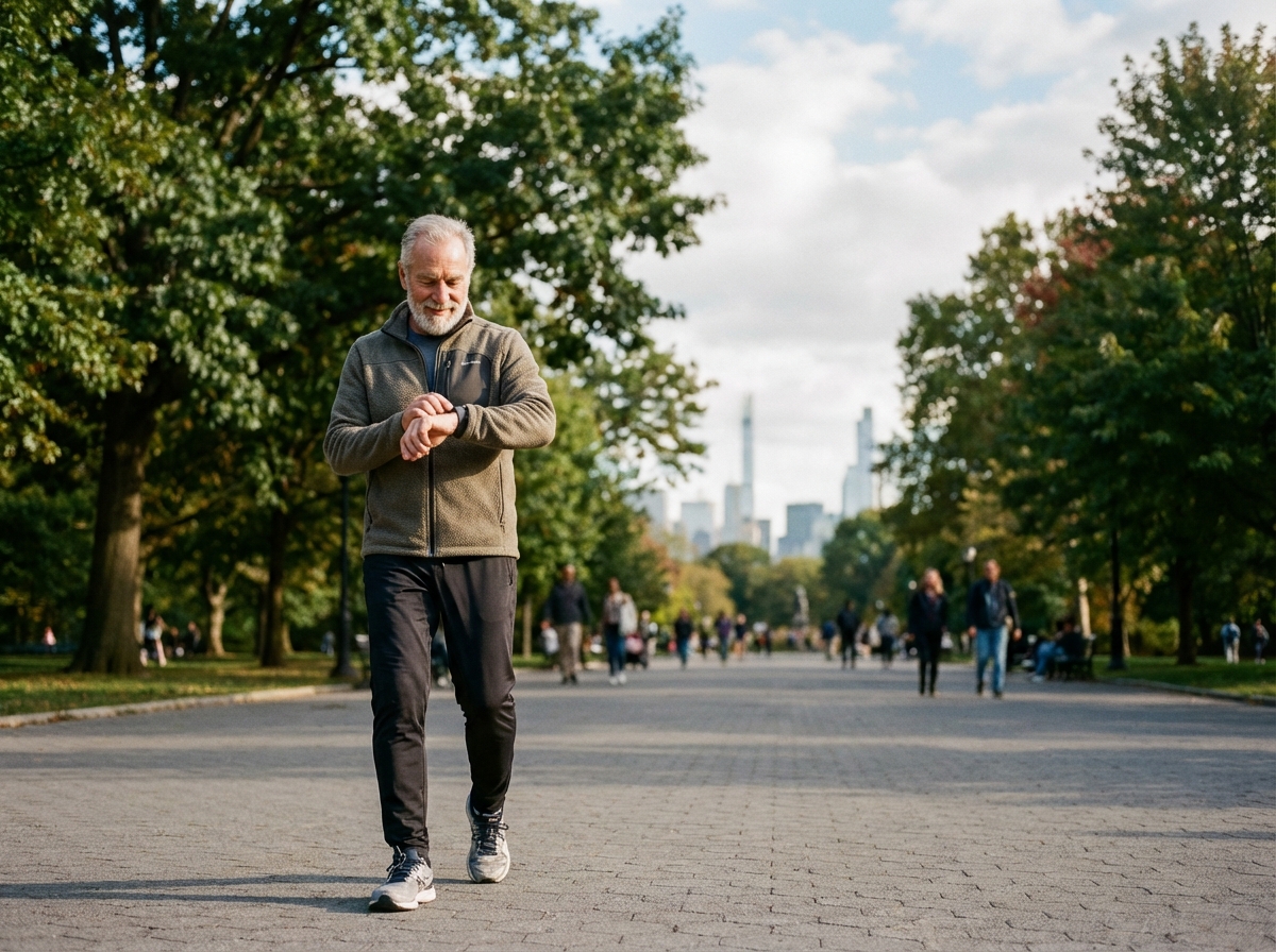 Homme âgé en sport marche dans un parc urbain
