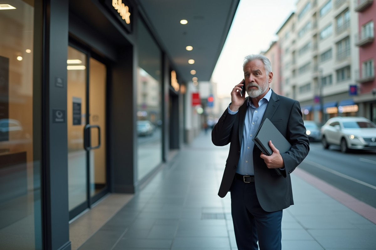 Homme d affaires parlant au téléphone devant une banque
