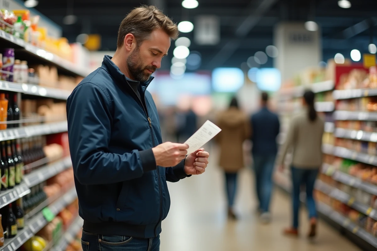Homme au supermarché vérifiant ses dépenses, symbolisant le budget mensuel d'un salaire de 2800 euros brut en France
