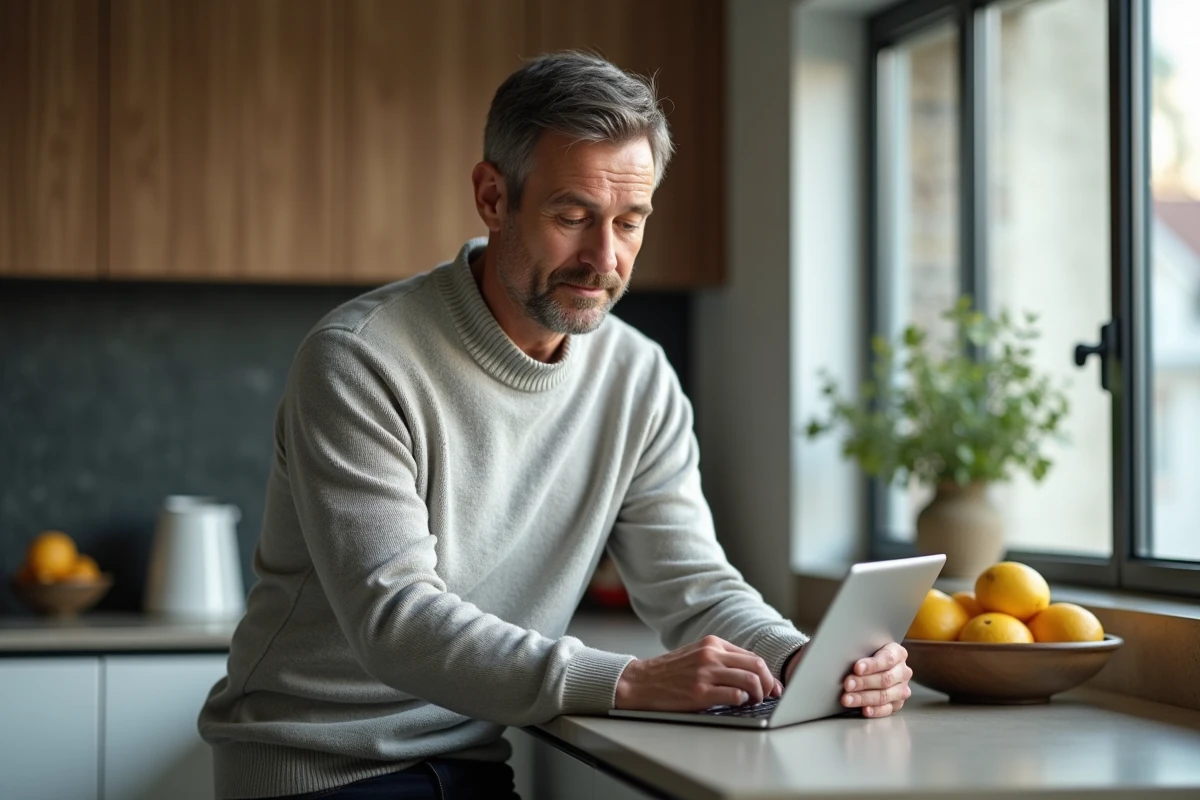 Homme utilisant une tablette dans la cuisine
