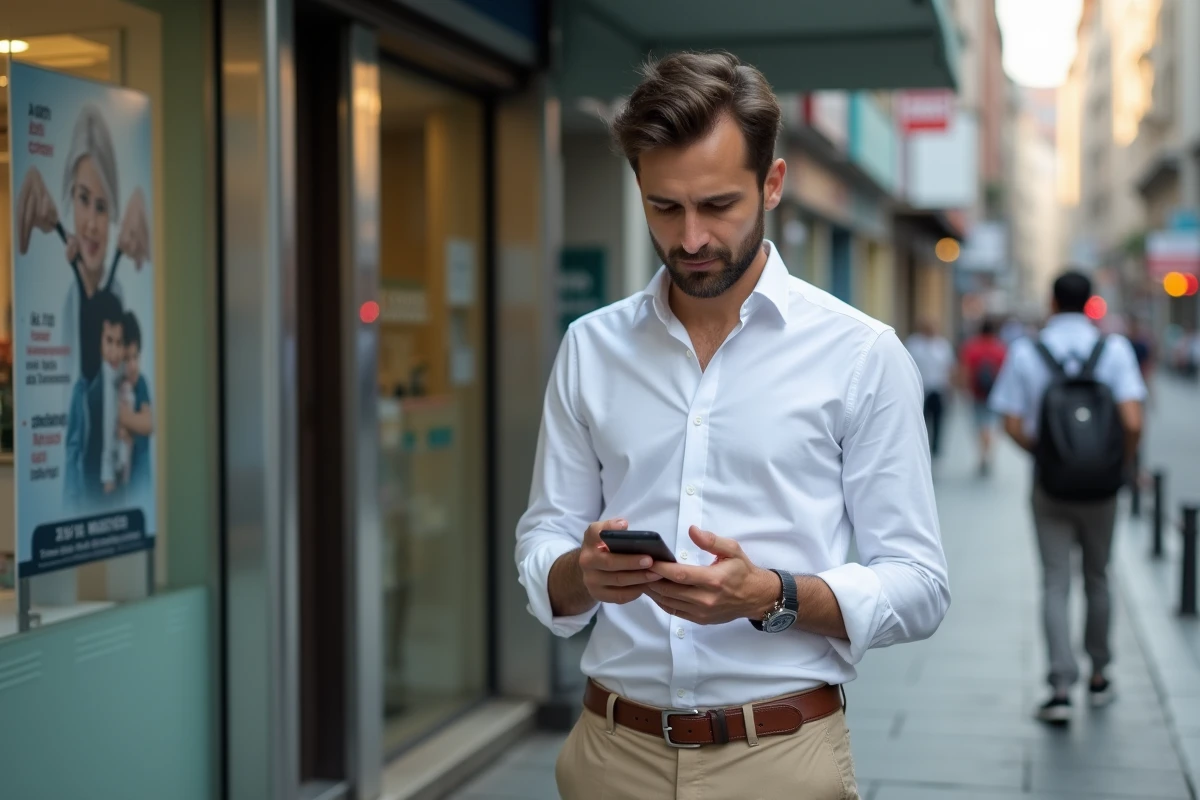 Jeune homme regardant son téléphone devant une boutique telecom