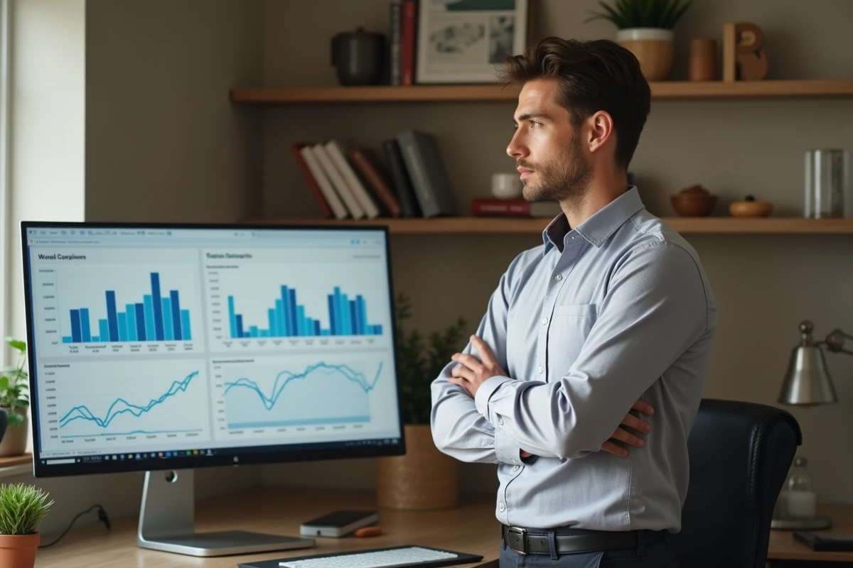Homme en télétravail consultant des graphiques de comparaison de salaires sur un écran d'ordinateur