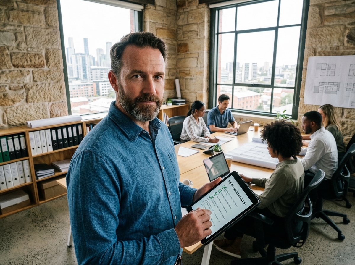 Homme avec tablette vérifiant une liste de conformité dans un espace moderne