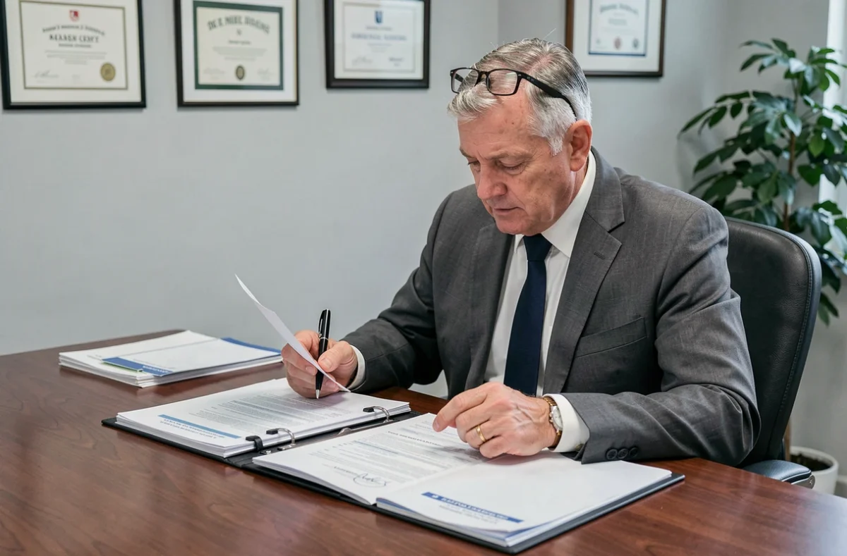 Homme senior examinant des documents d'assurance vie inactive dans un bureau professionnel