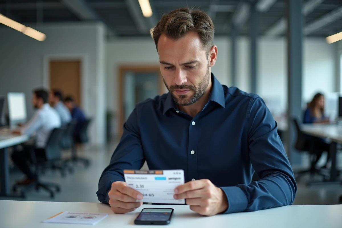 Homme vérifiant sa carte Bimpli titre-restaurant avec un smartphone montrant la page de paiement Amazon bloquée