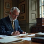 Homme d'âge moyen en costume navy examine des documents immobiliers