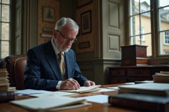 Homme d'âge moyen en costume navy examine des documents immobiliers