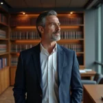 Avocat élégant en costume marine dans un cabinet juridique moderne avec bibliothèque et vue sur la ville